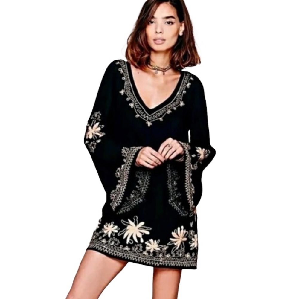 FREE PEOPLE fall sky dress, long bell sleeve embroidered mini Black